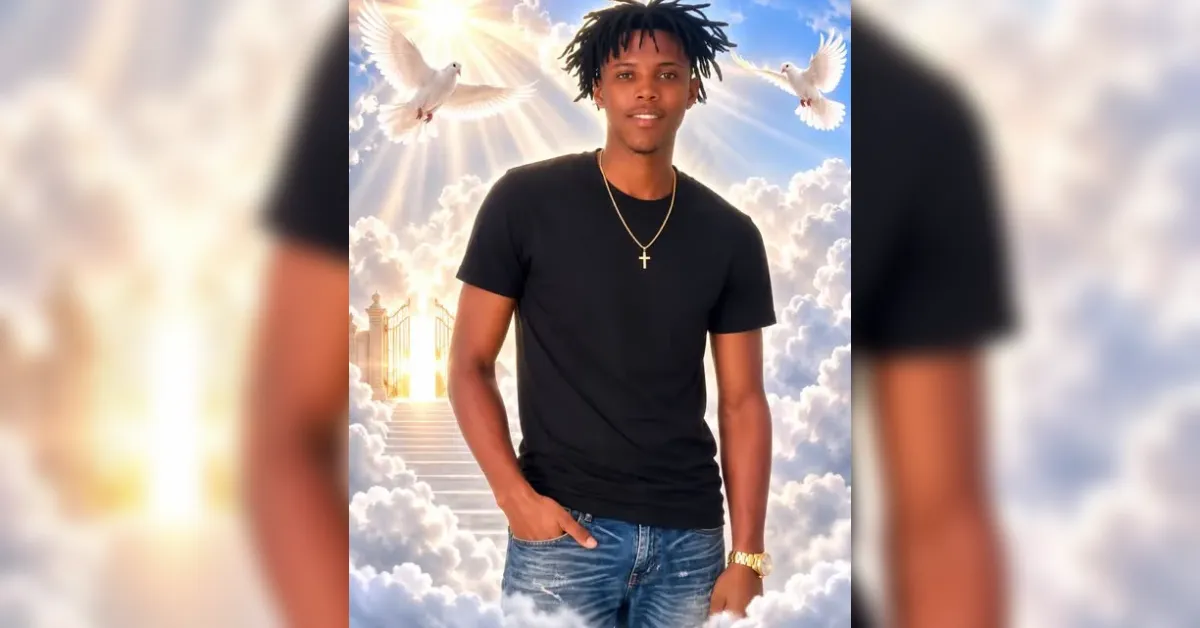 Portrait of a young man in a black t-shirt and jeans, wearing a gold watch and cross necklace, standing with hands in pockets against a heavenly backdrop of clouds, doves, and golden gates.