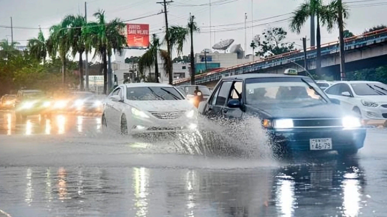 Cars driving through a flooded street, water spraying around the wheels as they move through a large puddle.