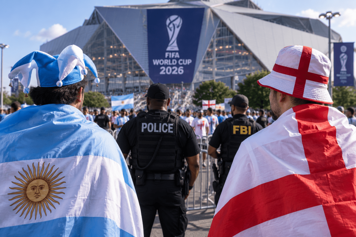 Fans wrapped in Argentina and England flags stand with security barriers and officers outside the FIFA World Cup 2026 stadium banner in the background.
