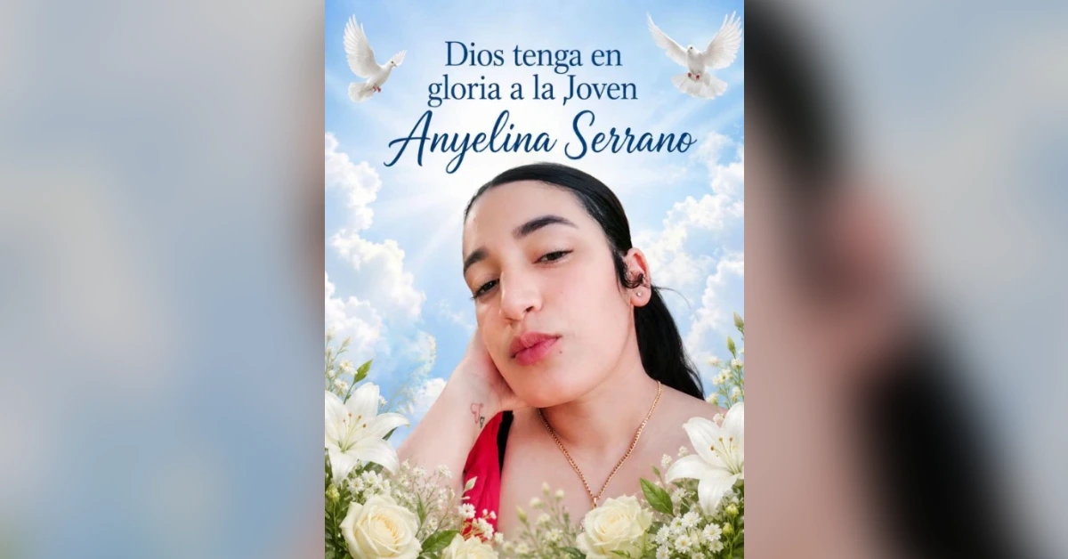 Memorial poster for Anyelina Serrano: selfie of a young woman with white flowers and doves, blue sky backdrop.