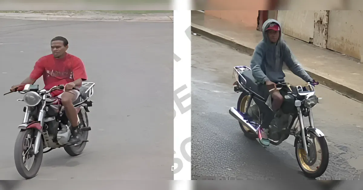 Two men ride motorcycles on city streets, shown in a side-by-side split image (one in a red shirt, one in a gray hoodie).