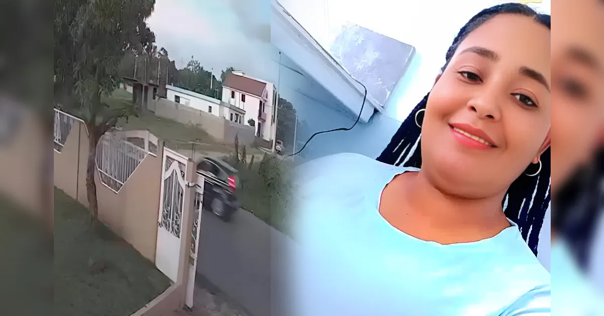 Split-screen view: a quiet street with a gated yard on the left and a smiling woman taking a selfie on the right.
