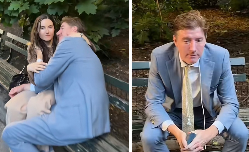 Panel 1: Man in a blue suit hugs a woman on a park bench; she looks at the camera with a neutral expression.
