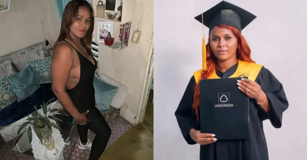 A split image: left side shows a woman in a black sleeveless outfit posing indoors; right side shows a graduate in a cap and gown holding a diploma folder.