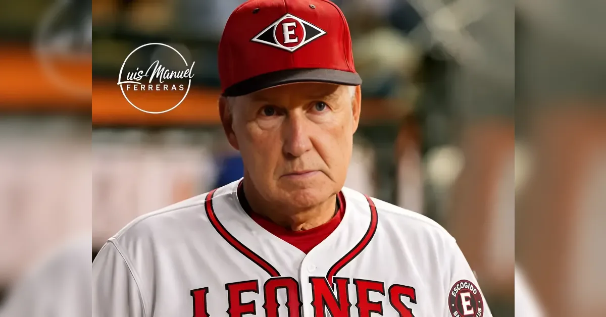 Portrait of an older man in a white Leones baseball jersey and red cap with a diamond emblem, standing against a blurred background.