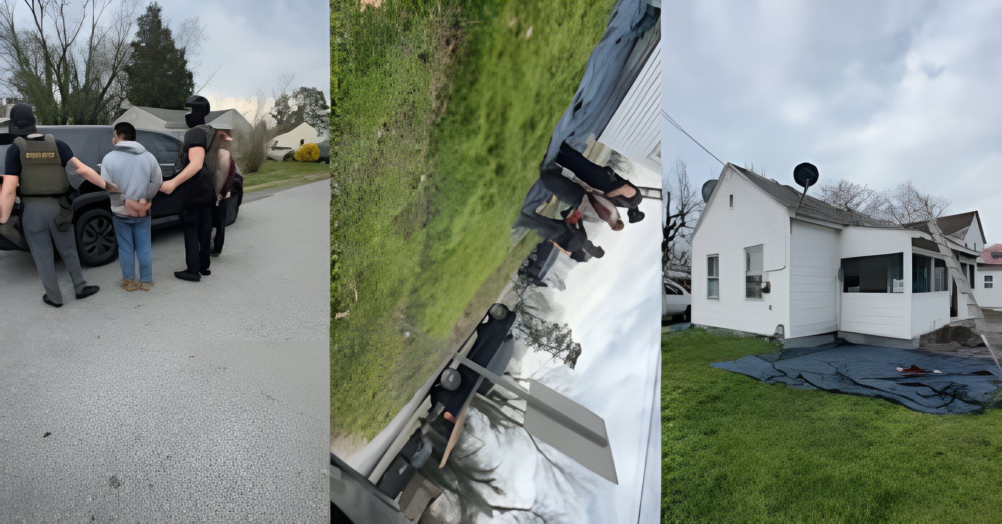 Three-panel collage: a group of people in tactical vests standing beside a parked SUV on a suburban street, nearby houses in the background; a middle panel shows a rotated image of people and vehicles on a grassy area; the right panel depicts a white house with damage and a toppled satellite dish in a yard.