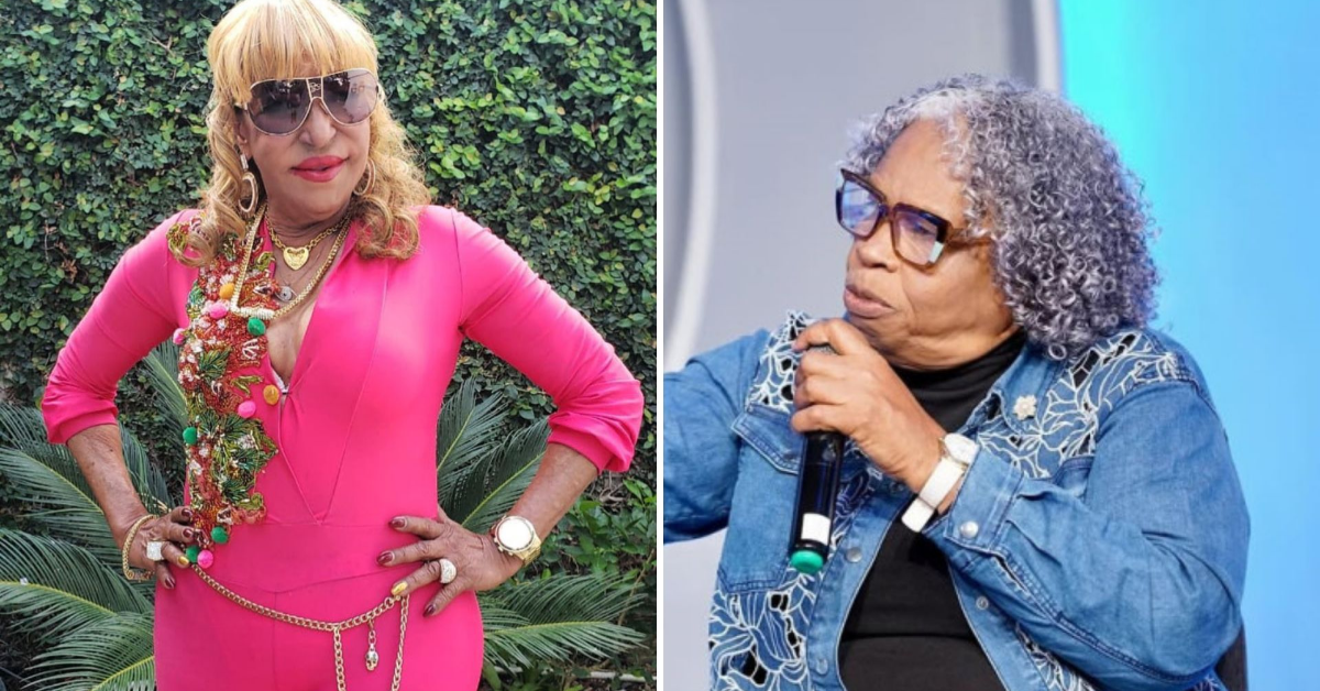 Two women side by side: left in a bright pink jumpsuit with gold jewelry and sunglasses outdoors; right in a denim jacket with curly gray hair, speaking into a microphone on stage.