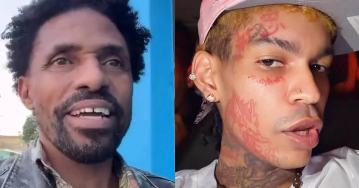 Two men shown side by side: left is an older man with short curly hair and a missing tooth, smiling outdoors; right is a younger man with red facial tattoos and a pink cap, in a darker setting with earrings.