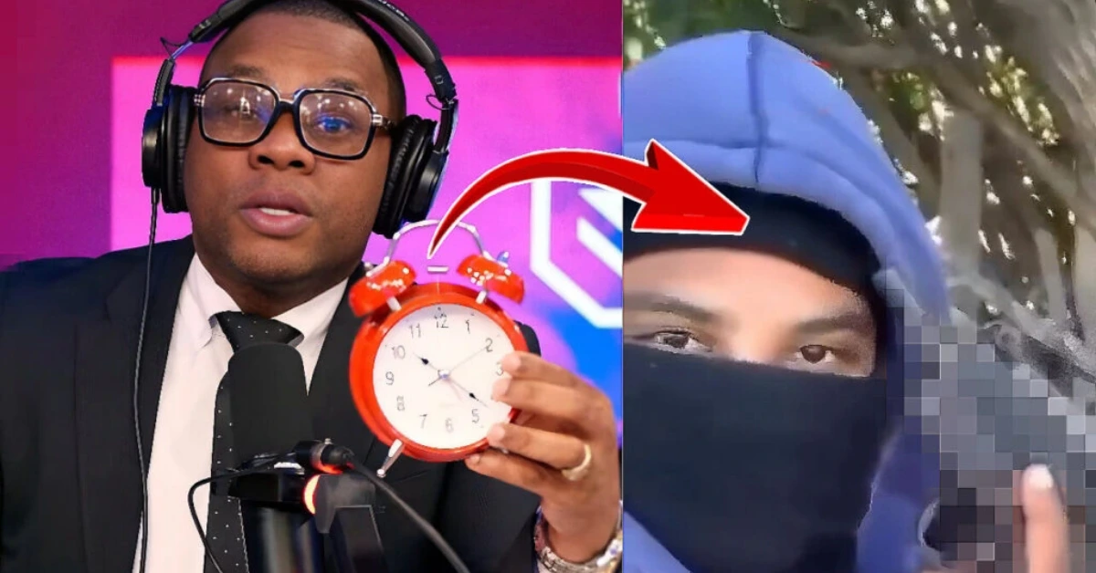 Split-screen thumbnail: on the left, a podcaster in a suit with headphones holding a red alarm clock; on the right, a masked person in a blue hoodie with a blurred, pixelated area, linked by a red arrow indicating transformation or comparison.