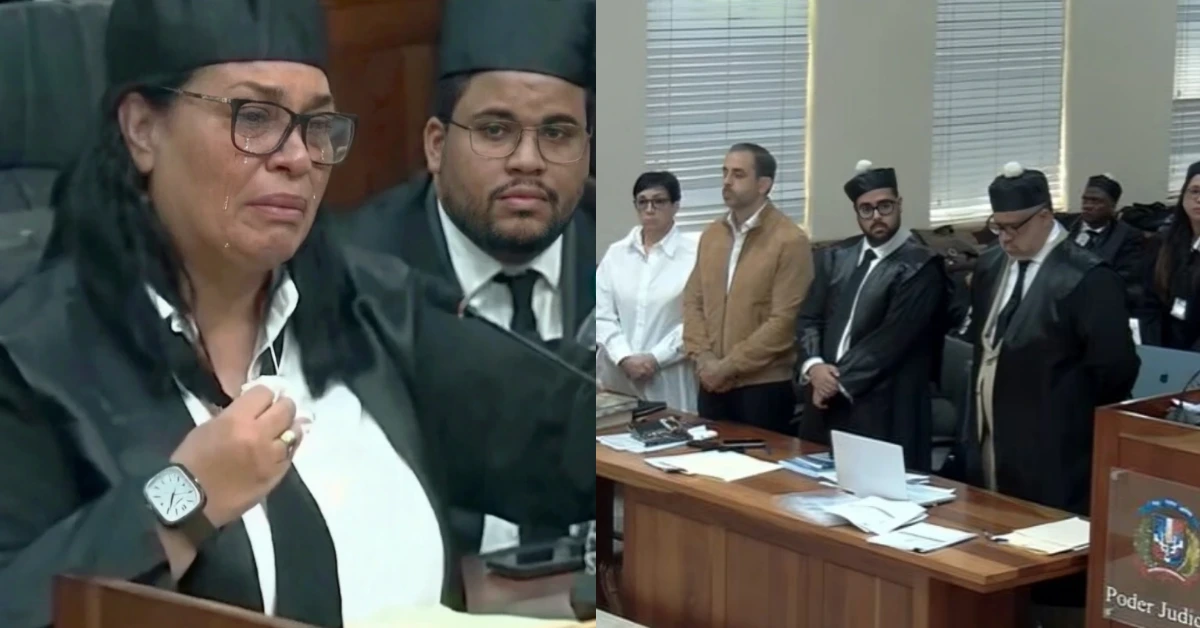 Left: tearful woman in a black robe and glasses speaking at a courtroom podium, wiping tears.