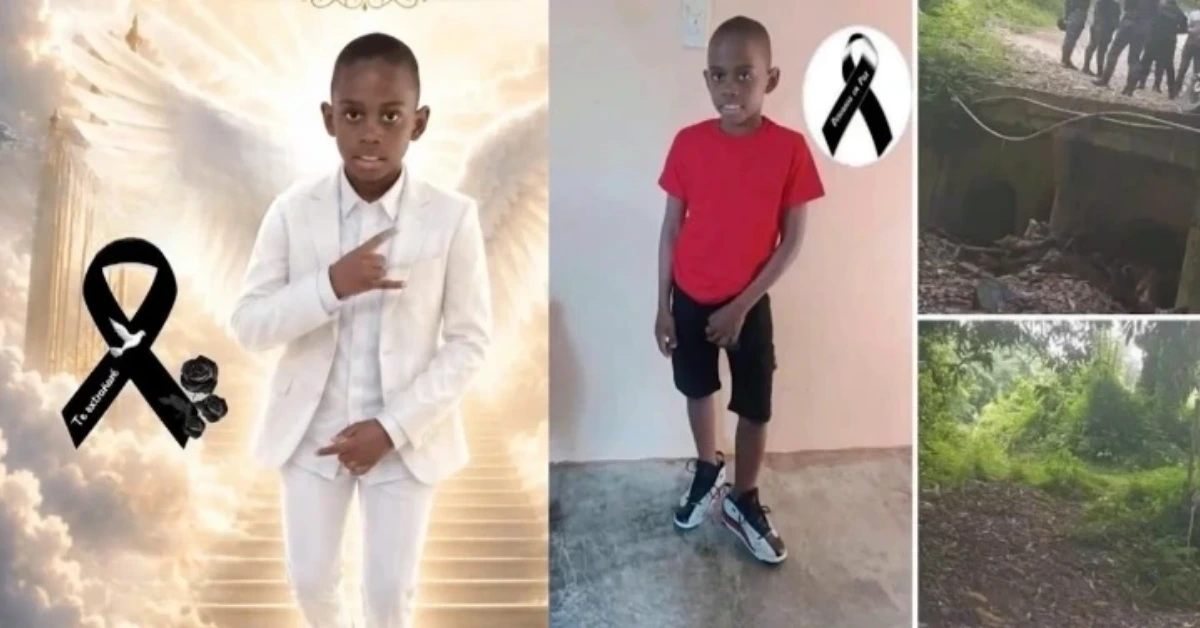 Memorial collage honoring a young boy: left panel shows a boy in a white suit against an angelic staircase background with a black ribbon; center panel shows the same boy in a red shirt and black shorts with a ribbon; right panels show outdoor scenes like a wooded path and a bridge.
