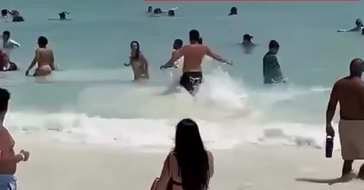 Crowded beach with people wading in shallow water and others standing or sitting along the shoreline, pale surf and gentle waves rolling in.