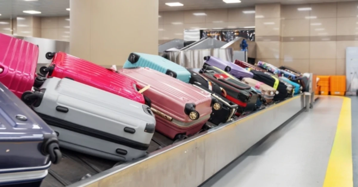 Colorful suitcases stacked on a airport baggage carousel in a terminal area.