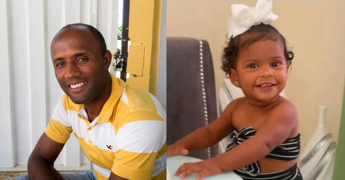 Smiling man in a yellow striped polo on the left and a smiling baby girl with a white bow on the right.