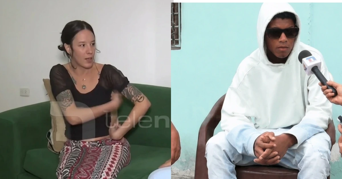 Split-screen: left shows a tattooed woman in a black top on a green couch; right shows a man in a white hooded outfit and sunglasses being interviewed with a microphone.