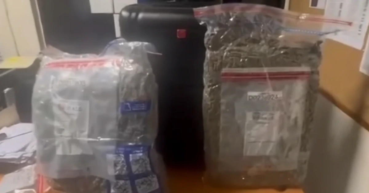 Two large sealed parcels wrapped in clear plastic sit on a desk in front of a black coffee maker, each with shipping labels visible.