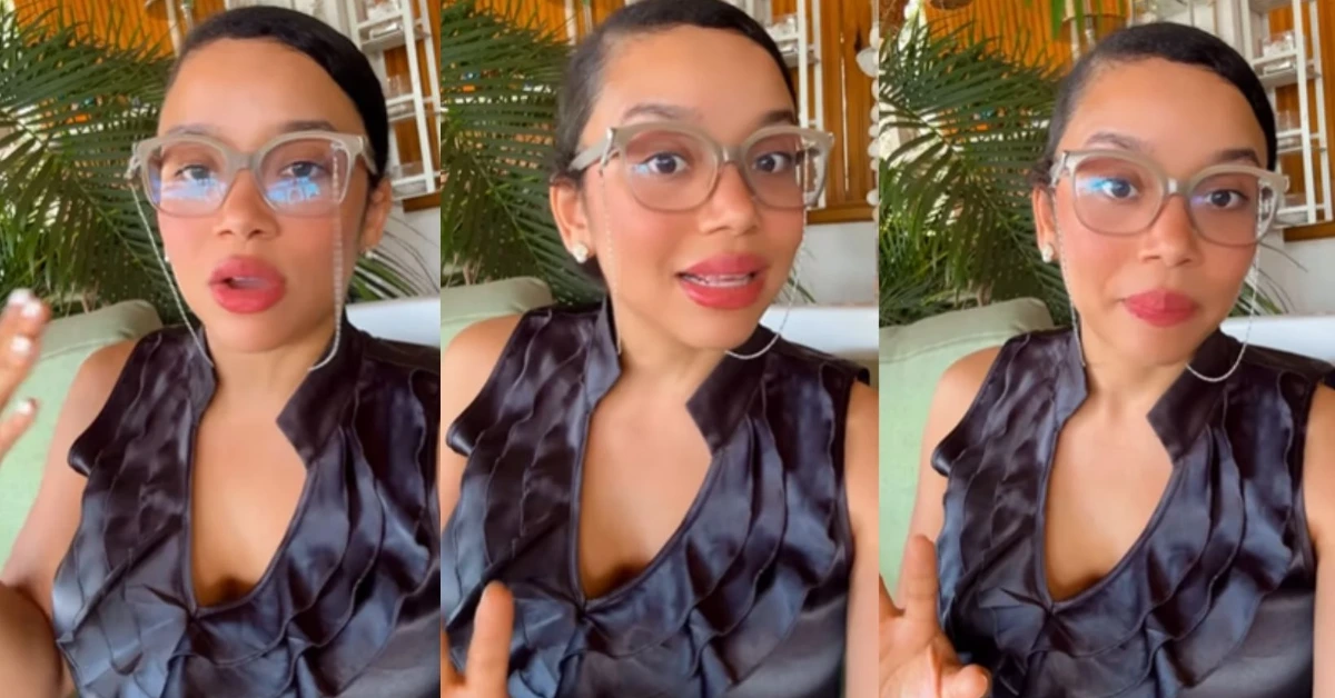 Informational image: a woman with large clear glasses speaks to camera in a living room with a plant in the background.