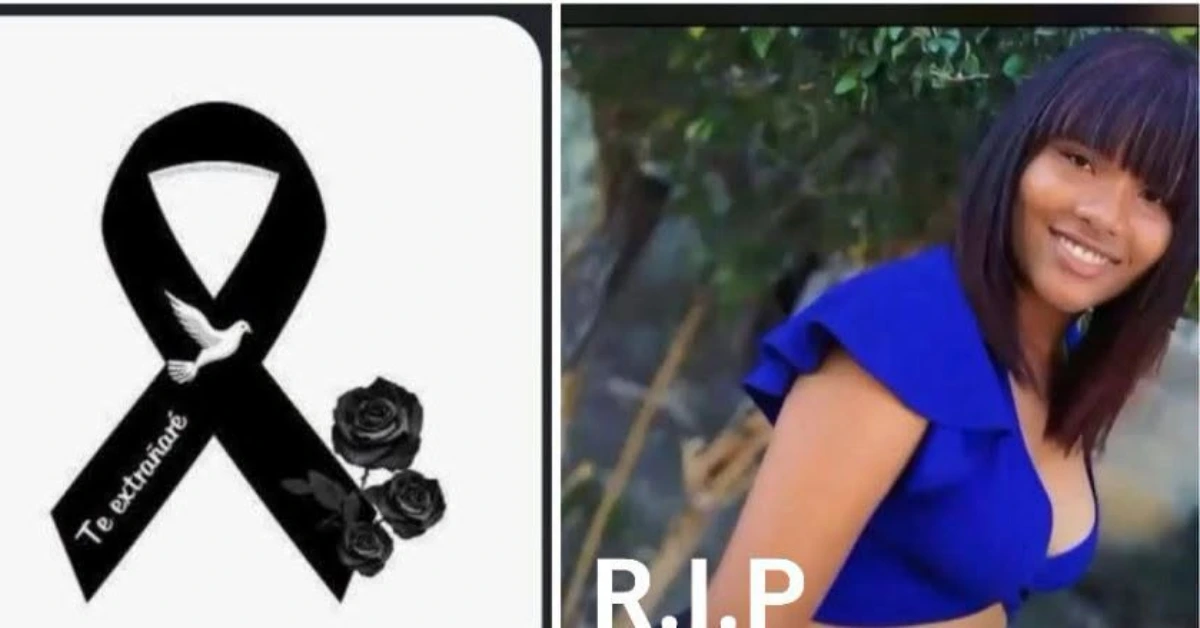 Memorial collage: left panel shows a black mourning ribbon with a dove and roses; right panel shows a smiling woman in blue with 'R.I.P' text.