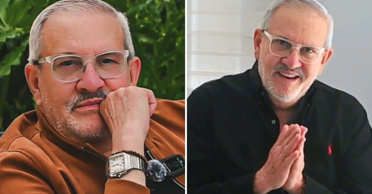 Two side-by-side images of a gray-haired man with glasses: outdoors left, resting his chin on his hand; indoors right, with hands pressed together in a prayer-like pose.