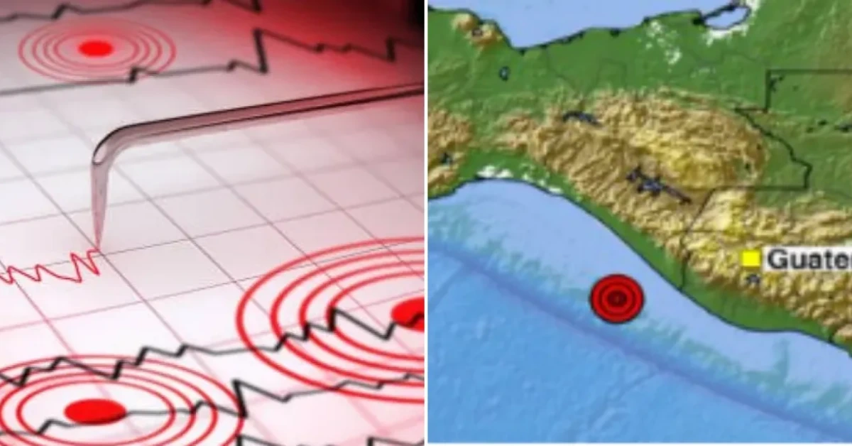 Split image: left shows a seismograph with red concentric circles; right shows a map with an offshore earthquake epicenter near Guatemala/Guatemala coast.