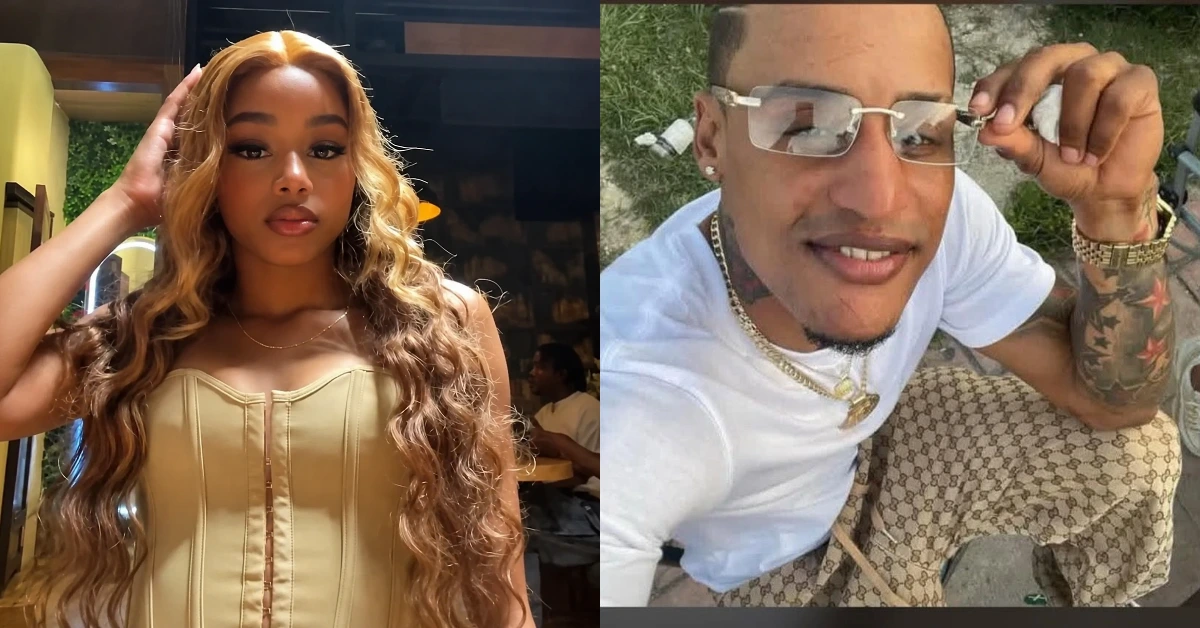 Split image: left shows a woman with long wavy blonde hair wearing a beige corset top; right shows a man in a white t-shirt with gold chains and sunglasses posing outdoors.