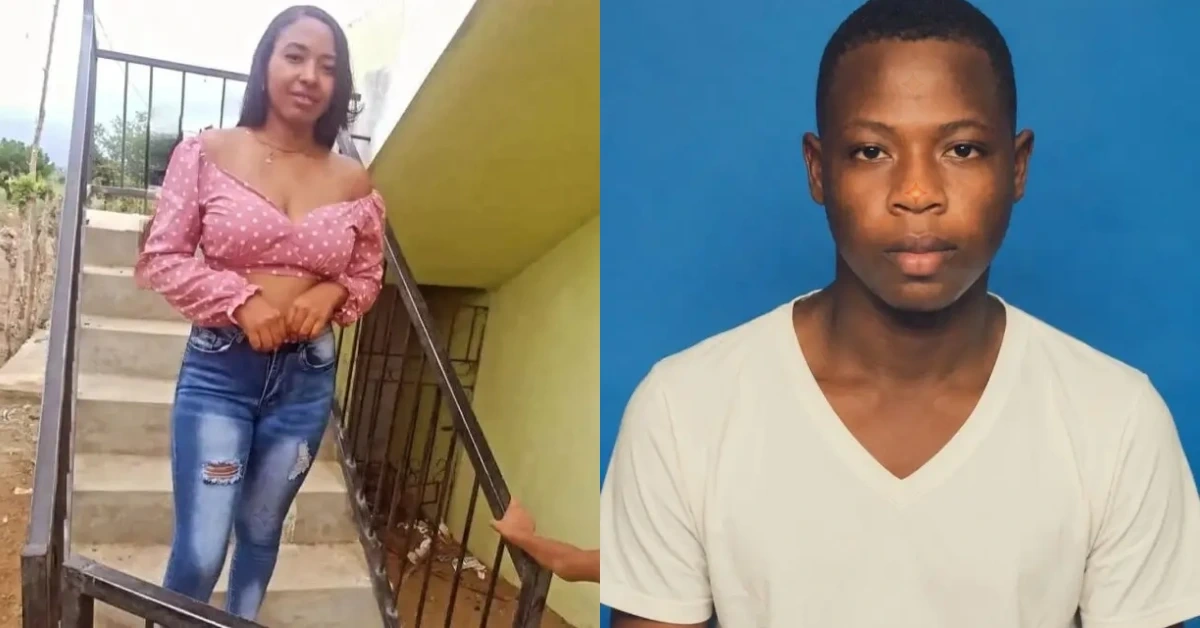 Split image: left a woman in a pink polka-dot off-shoulder top and ripped jeans standing on outdoor stairs; right a man in a white T-shirt posed against a blue backdrop.