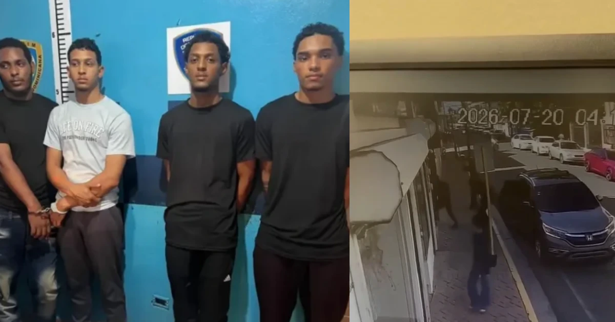 Four young men stand in a police lineup against a blue wall with a height scale; a badge logo is visible in the background. On the right, a nighttime street surveillance view shows parked cars and a pedestrian.