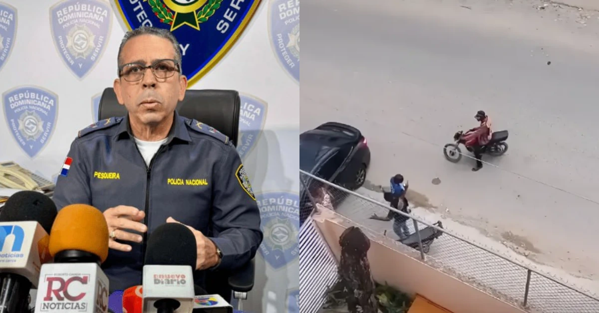 Split image: left side shows a Dominican Republic Policía Nacional officer at a press conference with microphones in front; right side shows a street scene with a motorcyclist and pedestrians near a parked car.