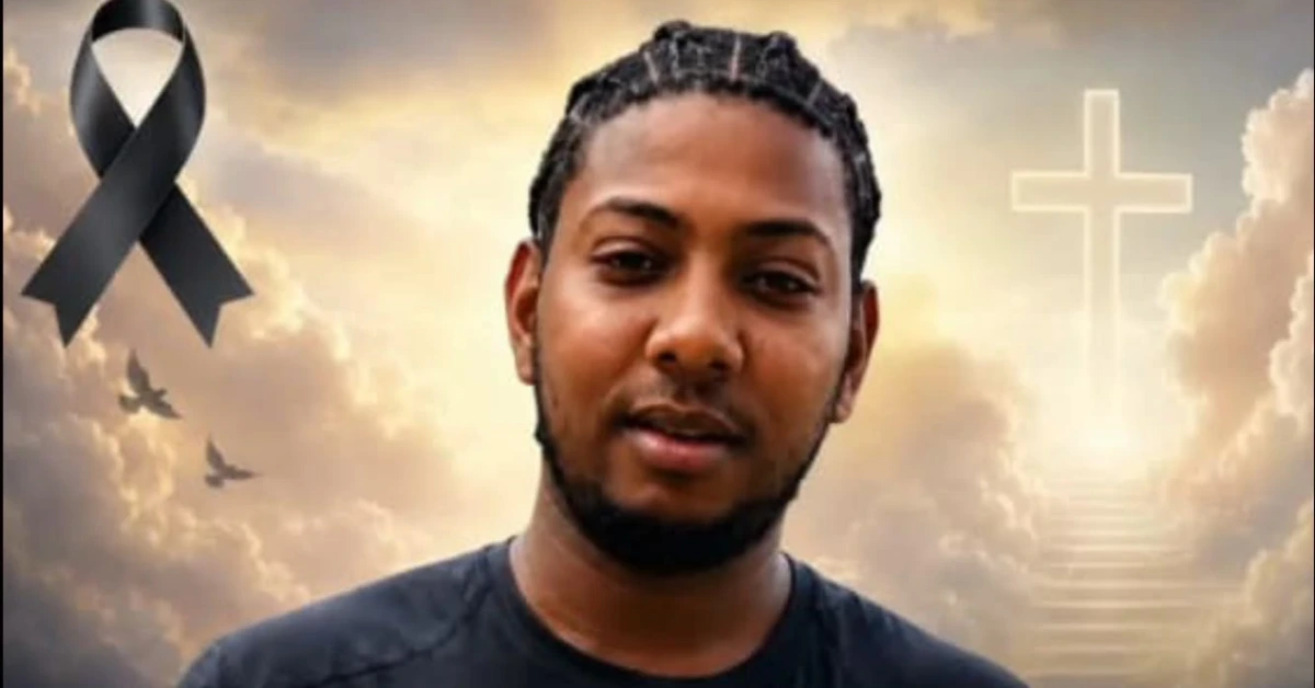 Portrait of a man with a memorial backdrop: black awareness ribbon, glowing cross, and stairway into light behind him.