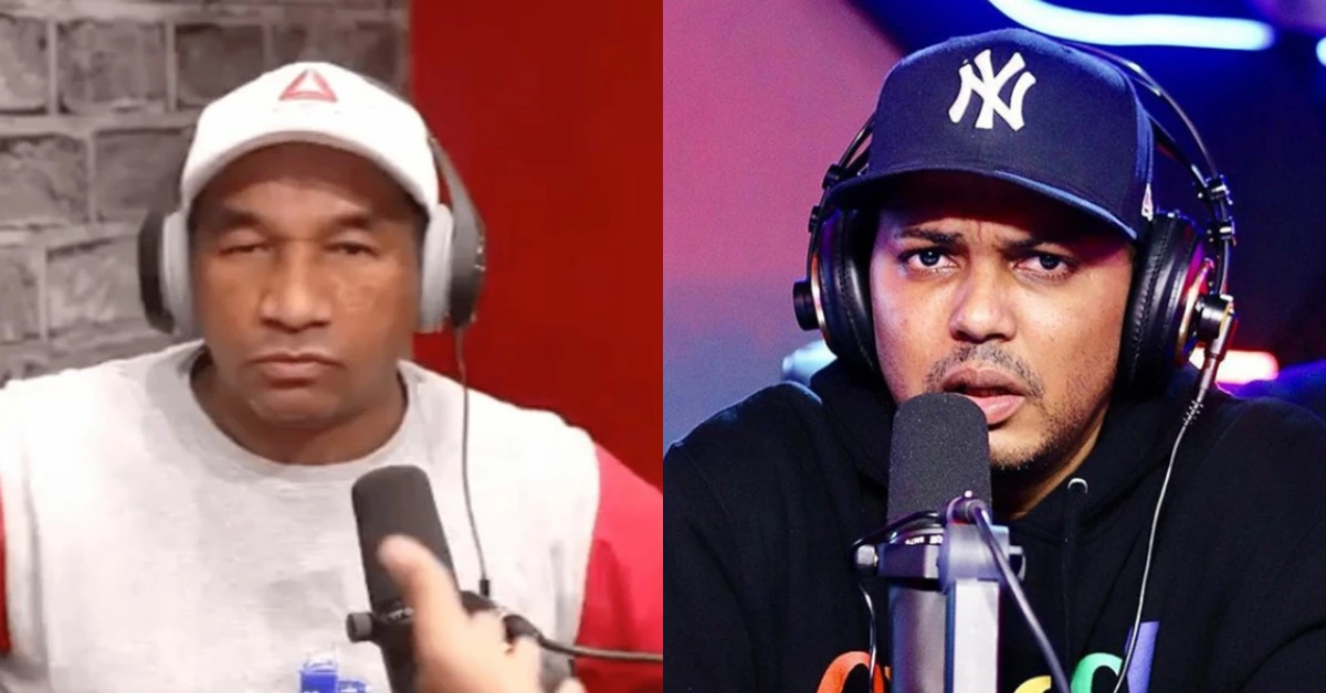 Split-screen of two podcasters: left man in a white cap and gray shirt with headset, right man in an NY cap and black hoodie speaking into a microphone.