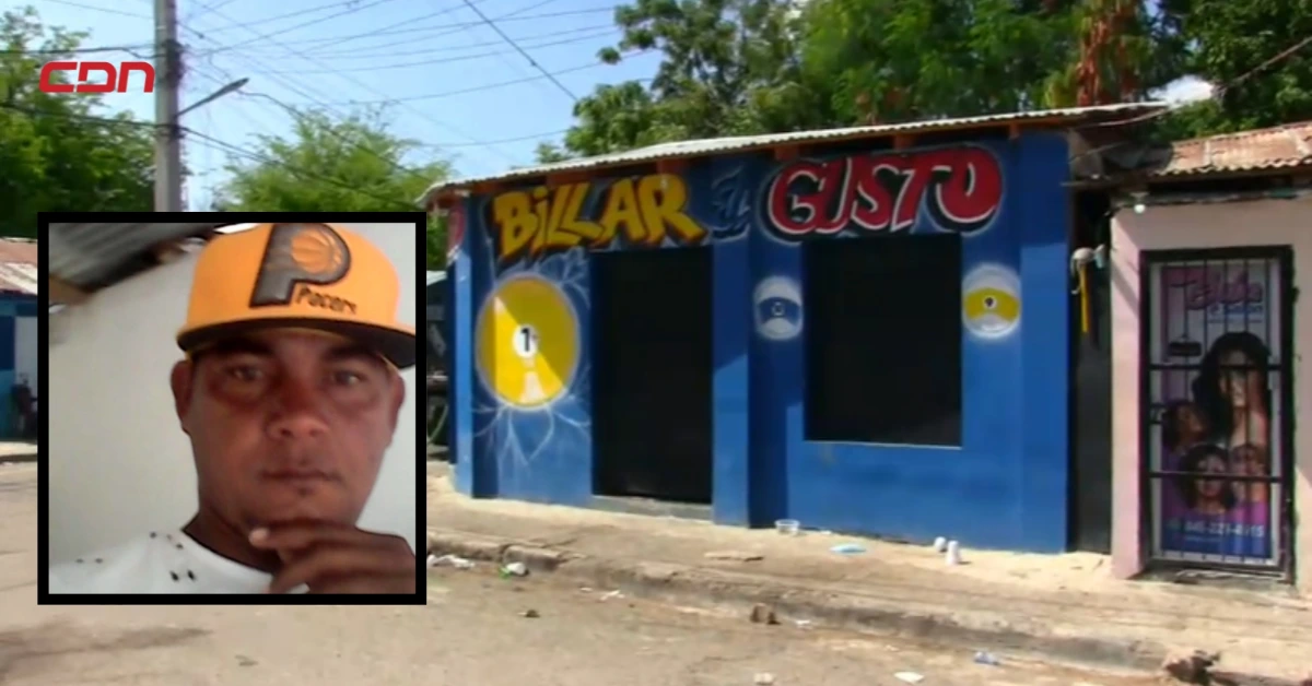 Inset photo of a man wearing an orange cap on the left; the main scene shows a blue storefront with large black windows and decorative yellow and white circular graphics, including the word 'BILLAR' painted above the entrance.