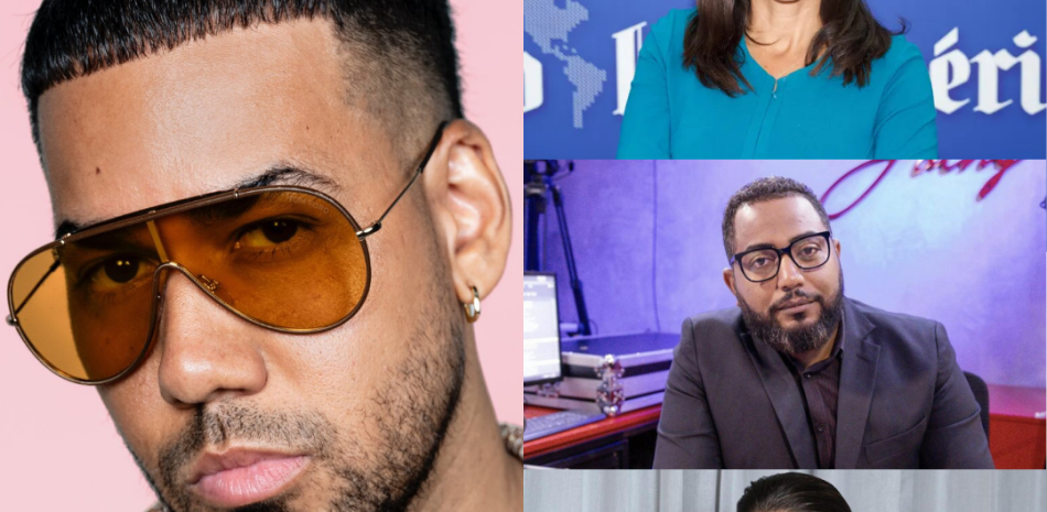 Collage of four people: left close-up man wearing brown sunglasses on a pink background; top-right woman in a blue top; middle-right man with glasses in a TV studio; bottom-right partial person.
