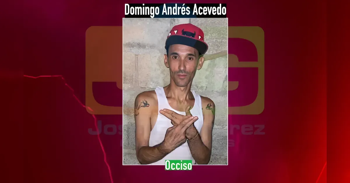 Portrait of a man in a white sleeveless shirt and red cap, with visible tattoos, in front of a gray wall; overlaid news graphics suggest a deceased person story.