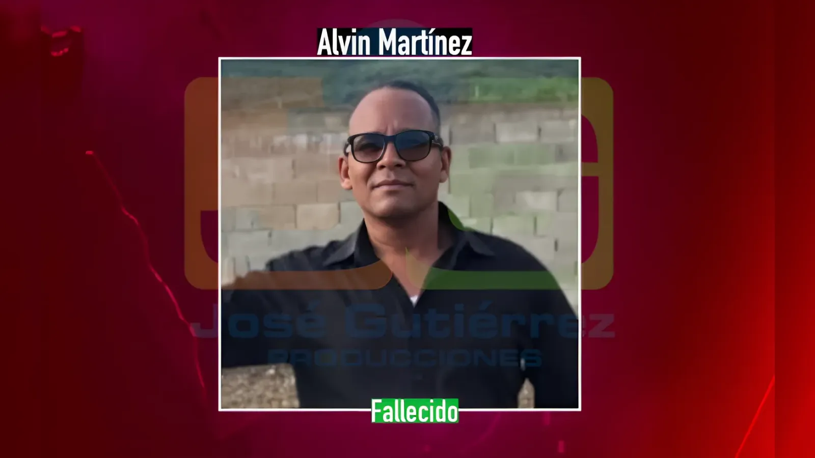 Framed portrait of a man in sunglasses, on a red memorial backdrop with the word Fallecido.