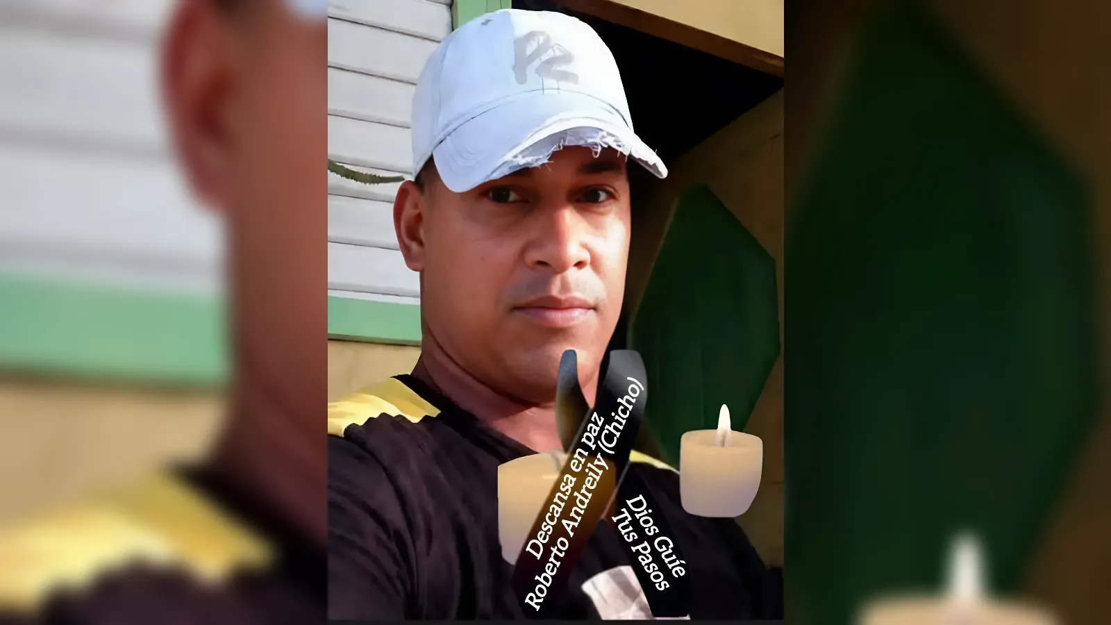 Man wearing a light blue cap in a memorial post, with candles and Spanish text overlay reading 'Descansa en paz Roberto Andrade'.