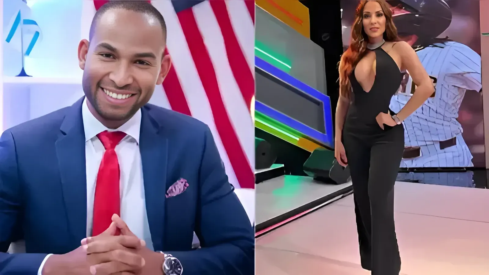 Split screen: left shows a smiling man in a navy suit and red tie; right shows a woman in a black halter jumpsuit posing in a colorful studio set.