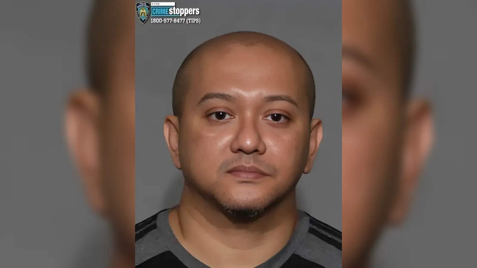 Mugshot photo of a bald man with a neutral expression, wearing a gray shirt, Crime Stoppers logo in the top-left corner