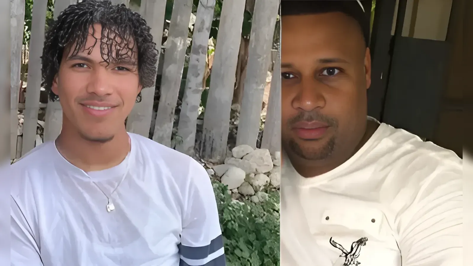 Two men posing in a split-frame: left outdoors in a white shirt with necklace, right indoors in a white shirt with a small graphic, both looking at the camera.