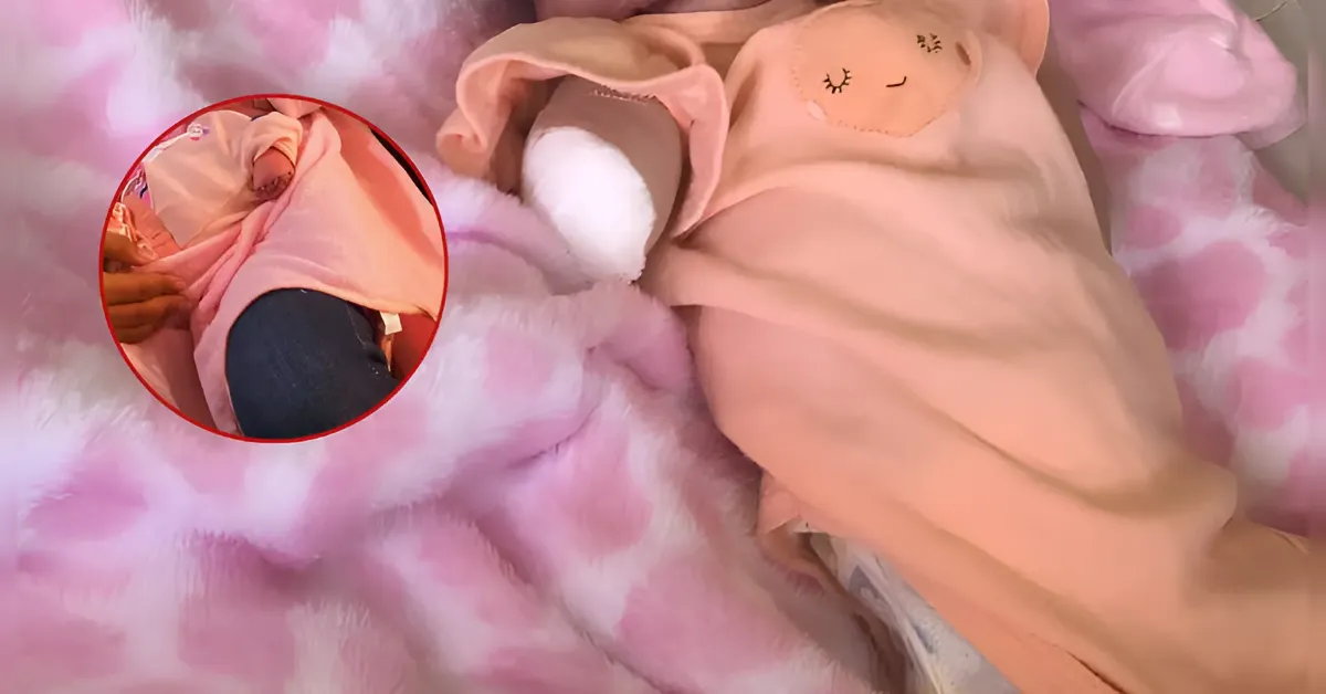 Baby swaddled in a peach blanket with a cute smiling face hood, lying on a pink fluffy surface.