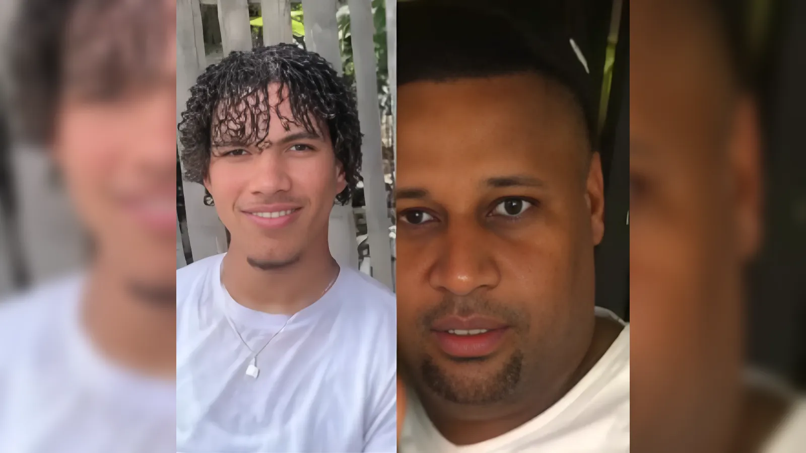 Portrait collage of two men: left a young man with curly wet hair in a white shirt; right a close-up of a man with short hair and a goatee.