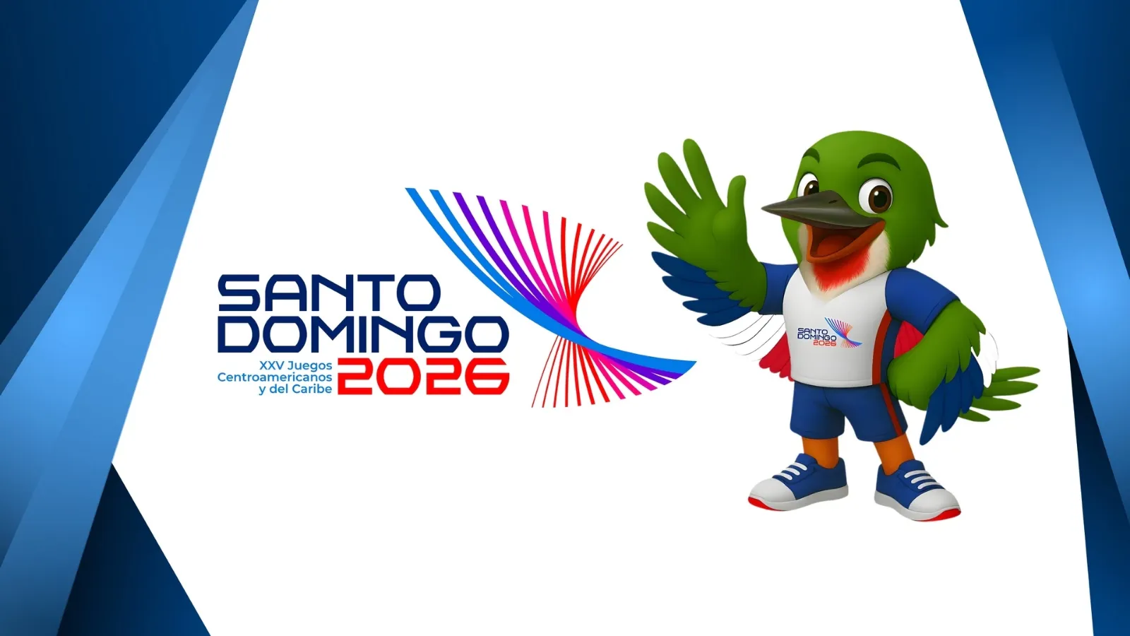Mascot parrot waving beside the Santo Domingo 2026 logo and the text 'XXV Juegos Centroamericanos y del Caribe' on a white background