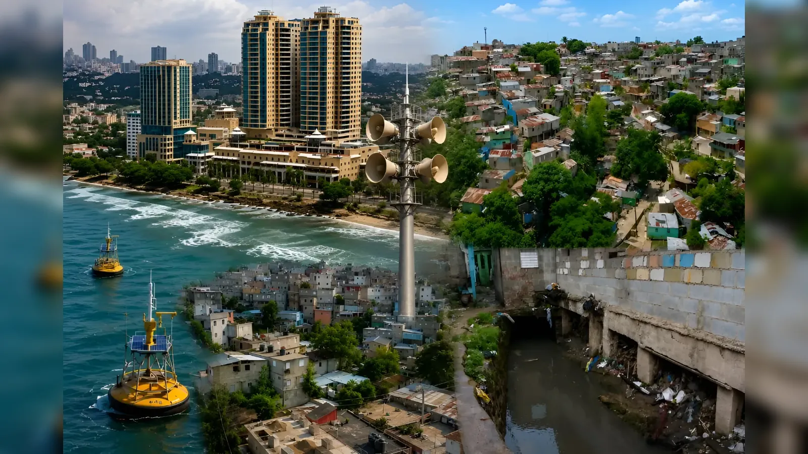 Coastal city with high-rise towers beside the shore, a tall telecom mast, and a densely built hillside neighborhood with greenery on the right.