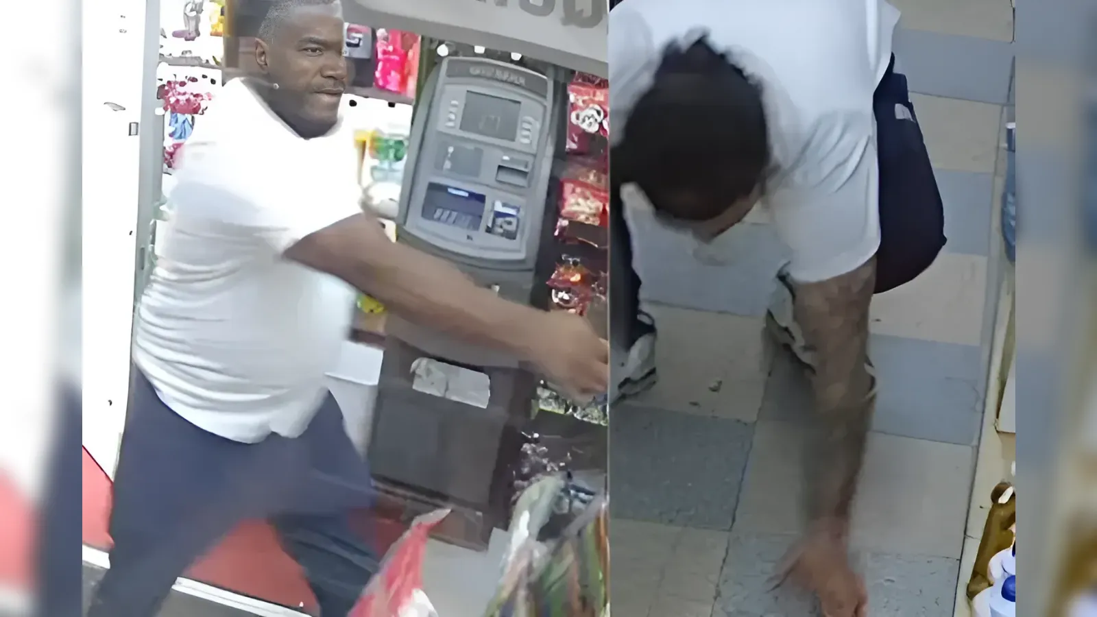 Two men in a store near a vending machine; one in a white shirt extends his arm forward while the other bends over beside him (surveillance footage).