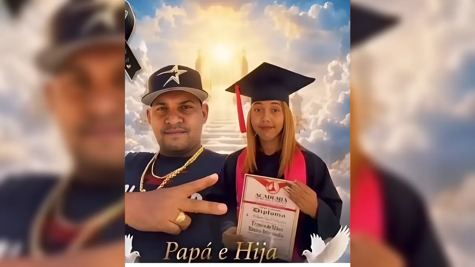 Father and daughter in graduation gowns pose together; daughter holds diploma with a celebratory backdrop of clouds and stairs.