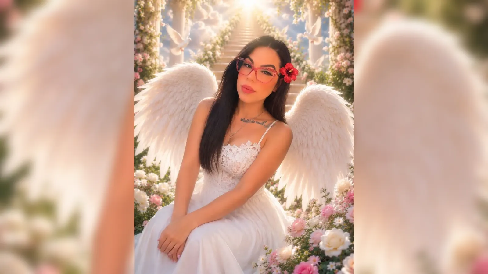 Woman in a white lace dress with large angel wings, posing among pink flowers and a floral staircase by light, wearing pink glasses and a red flower in her hair.