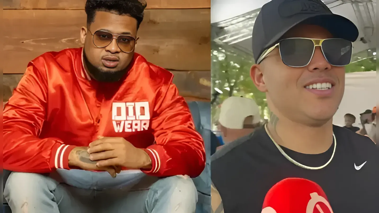 Two men side by side in a split-screen: left man in a red DIO WEAR jacket with sunglasses seated; right man in a cap and sunglasses speaking into a red microphone.