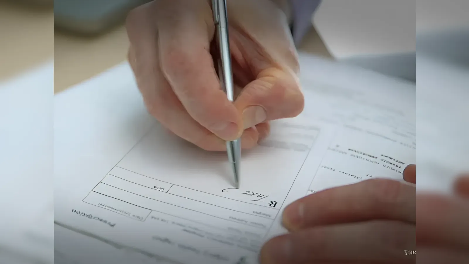 Close-up of a hand signing a form with a pen, filling in a signature on a document