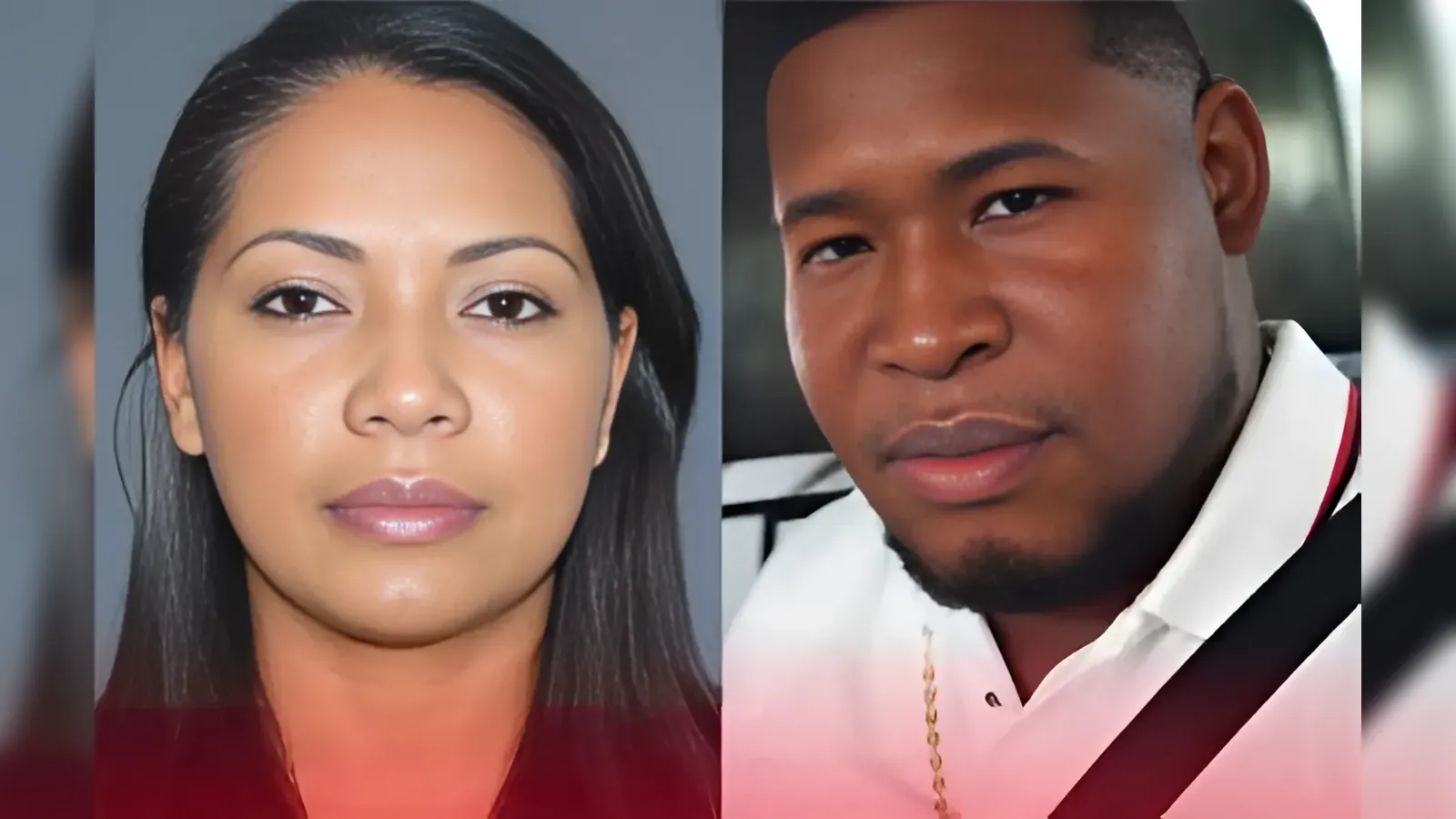 Split-screen image showing a woman on the left and a man on the right, both looking toward the camera with neutral expressions.