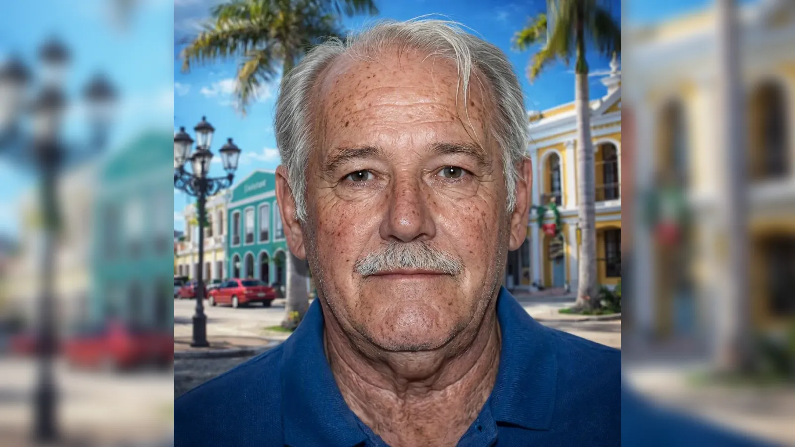 Close-up portrait of an older man with gray hair and a mustache, wearing a blue shirt, against a sunny street with palm trees and colorful buildings behind him.