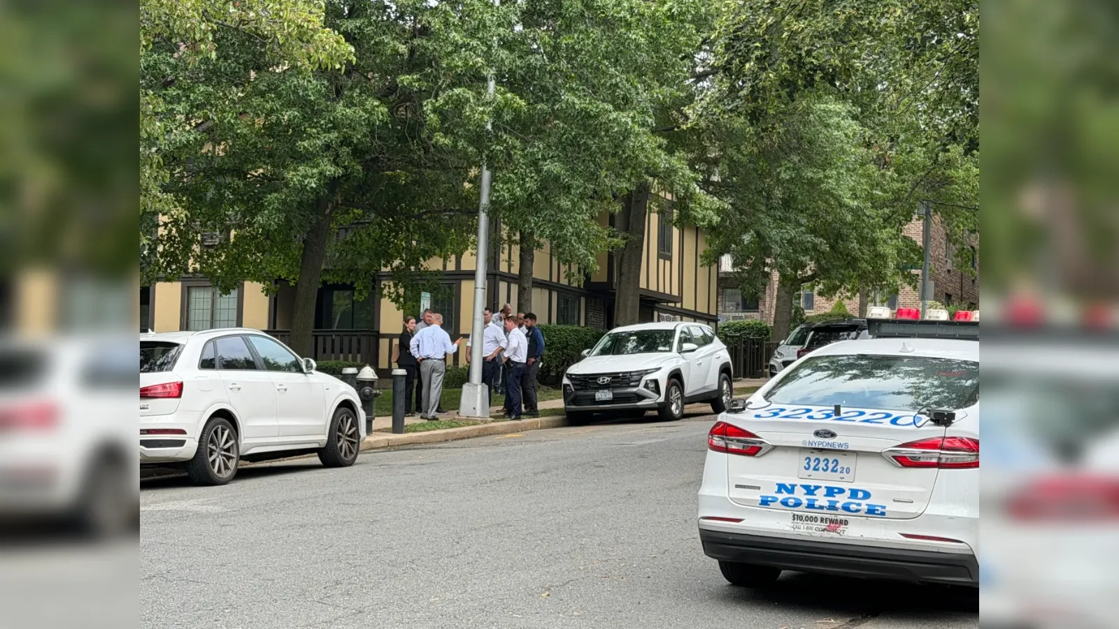 Group of people chatting on a tree-lined sidewalk with white police cars parked nearby on a residential street